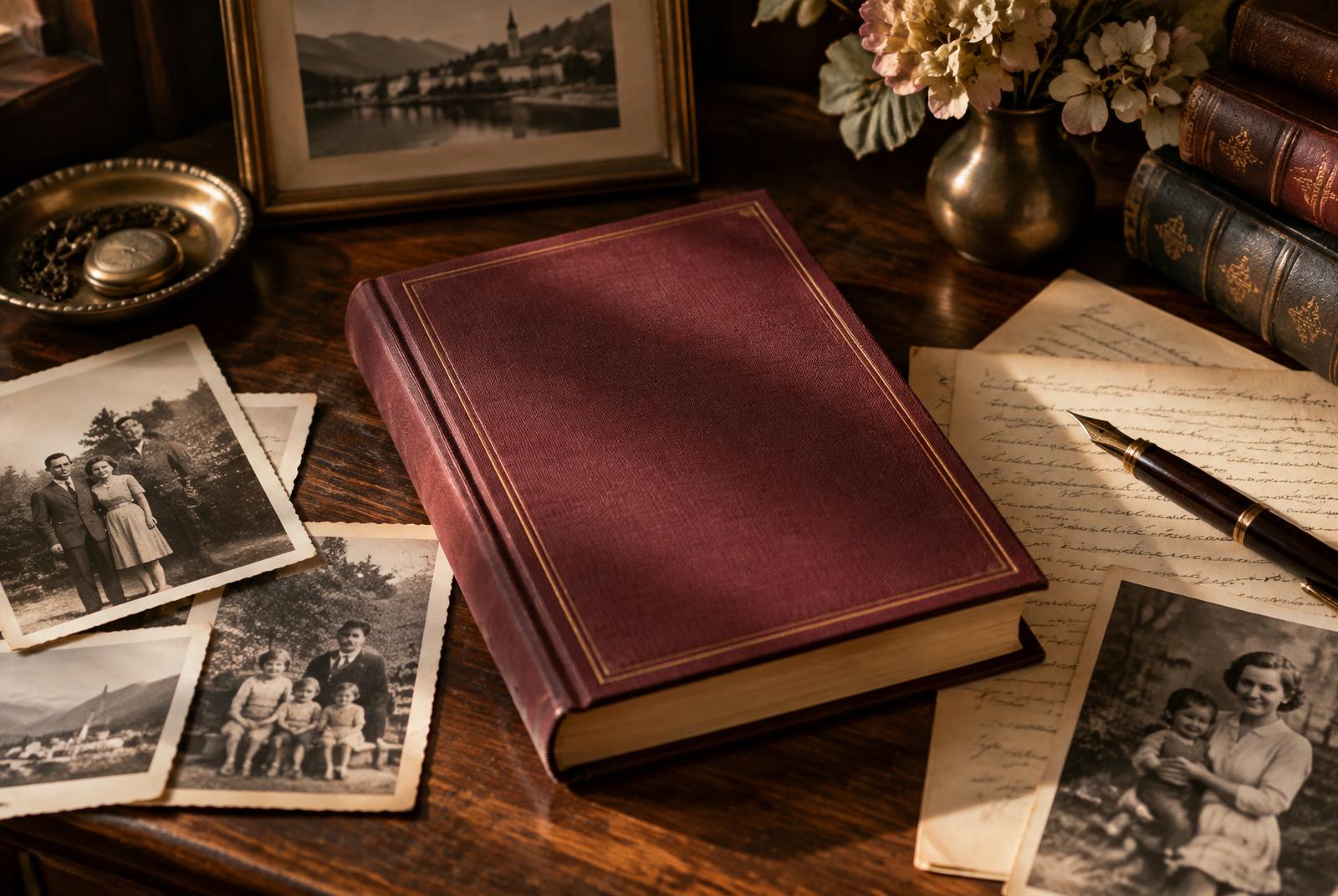 A clothbound legacy book surrounded by letters and family photographs